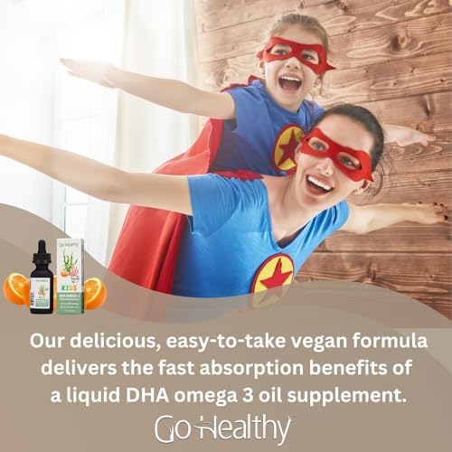 Go Healthy DHA Omega 3 Drops for Kids, Toddlers & Infants - Vegan Fish Oil Alternative - Supports Brain & Eye Development, Just 3 Ingredients, Organic Orange Flavor, 30-60 Servings