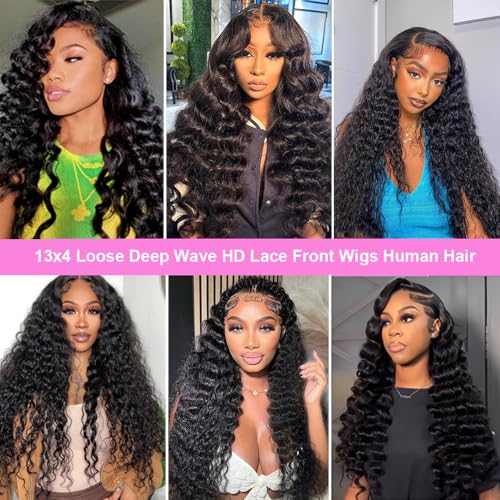 Loose Deep Wig Lace Front Wigs Human Hair Wigs for Black Women 13x4 HD Transparent Lace Frontal Wigs Human Hair Pre Plucked 200% Density Loose Deep Glueless Wigs Natural Black Color 26 inch