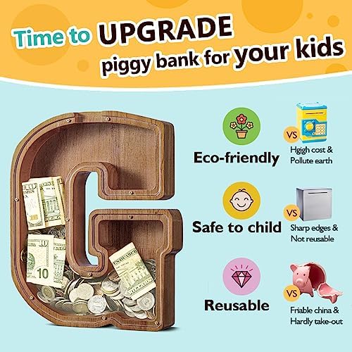 Summidate Customized Name Extra Large Wooden Piggy Bank for Kids Boys Girls Alphabets Letter A-Z Coins Bills Money Change Saving Box Clear Cover (Laser Engraved) Educational Toys 12"- Letter G