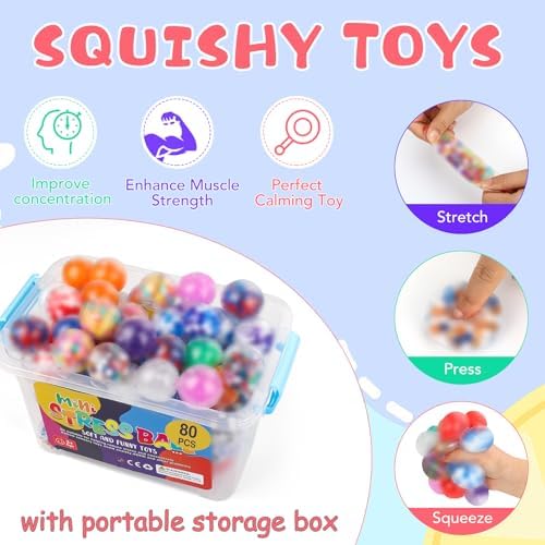 VESPRO 80Pack Stress Balls for Adults, Squishy Toys, Bulk Squishy Squeeze Balls Fidget Toys, Anxiety and Stress Relief Ball for Adults, Party Favors, Birthday Gift and Goodie Bag Stuffers