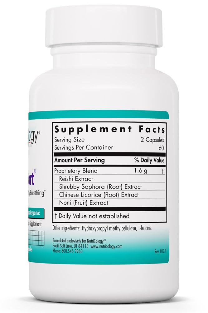 Nutricology PhytoCort Supplement - Respiratory Support, Lung Health, Lung Detox, Lung Cleanse, Healthy Breathing, Herbal Support, Reishi, Licorice, Noni, Vegetarian Capsules - 120 Count