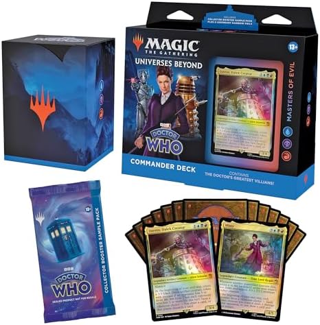 Magic: The Gathering Doctor Who Commander Deck - Masters of Evil (100-Card Deck, 2-Card Collector Booster Sample Pack + Accessories)