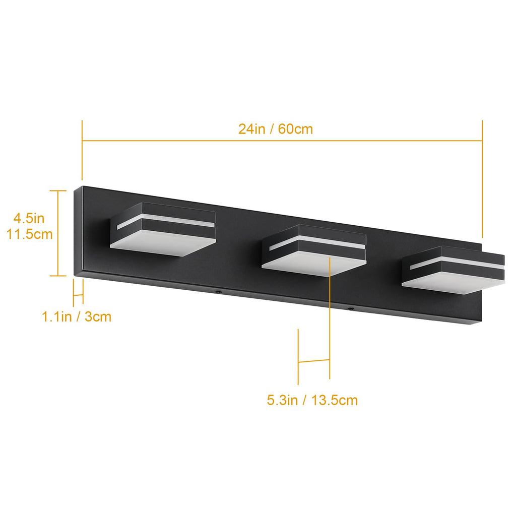 SineRise LED Modern Bathroom Vanity Light Fixtures, Modern Acrylic Bathroom Wall Lighting Fixtures Over Mirror, 3-Light, 24-Inch, Black, White