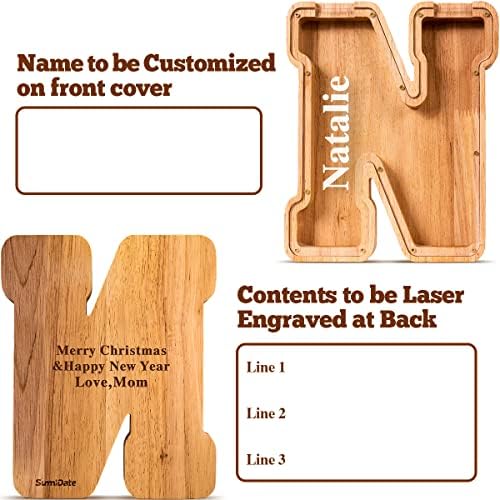 Summidate Customized Name Large Wooden Piggy Bank for Kids Boys Girls Alphabets Letter A-Z Coins Bills Money Change Bank Box Initial on Clear Cover (Laser Engraved) (Alphabet-N, Personalized-9")