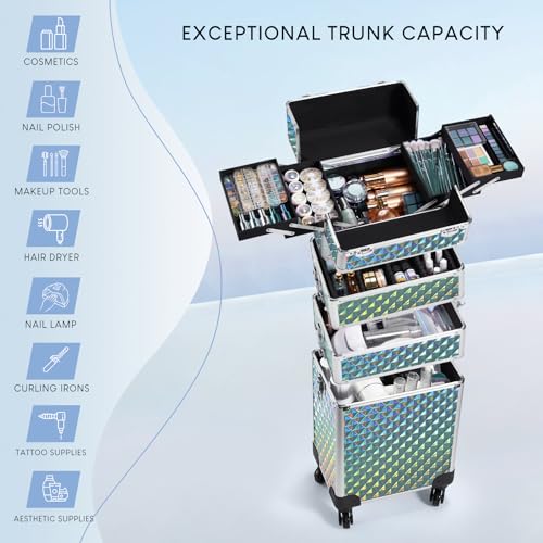 Stagiant Rolling Makeup Train Case Large Storage Cosmetic Trolley 4 in 1 Large Capacity Trolley Makeup Travel Case with Key Swivel Wheels Salon Barber Case Traveling Cart Trunk