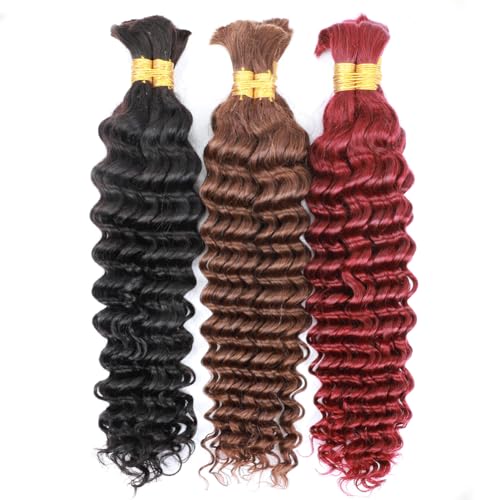 Human Braiding Hair Deep Wave Bulk Human Hair for Braiding 100g Bundle No Weft Curly Braiding Hair Extensions Brown Color for Boho Braids Water Curly Human Hair Braiding Hair (4#, 16 Inch-100G)