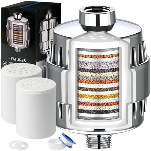 Shower Filter, 20 Stage Shower Head Filter for Hard Water with 2 Cartridges, High Output Shower Water Filter to Remove Chlorine, Fluoride and Other Impurities, Improves Skin Condition, Protects Hair