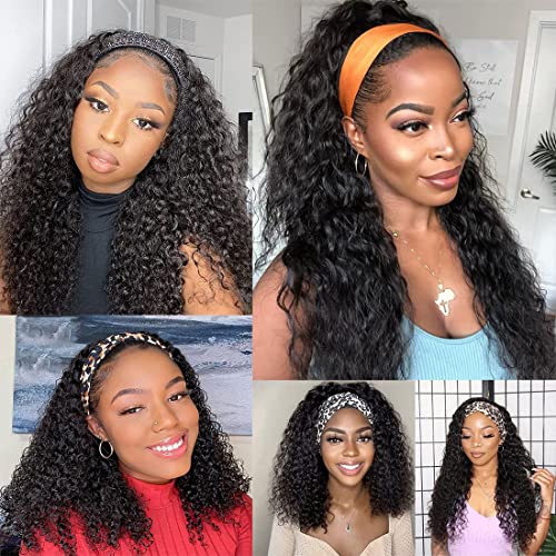 Deep Wave Headband Wig Human Hair 16 Inch Curly Headband Wigs for Black Women Human Hair Glueless None Lace Front Wigs Brazilian Virgin Hair Wig Machine Made 150% Density Natural Black Color