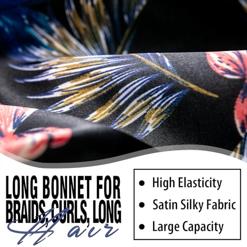 3Pcs Bonnets for Black Women Braid Bonnet, Large Long Satin Bonnet for Braids, Black Women Satin Silk Bonnet with Stretchy Tie Band Sleep Bonnet Cap for Long Curly Hair (Green & Black Pattern & Brown)