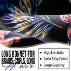 3Pcs Bonnets for Black Women Braid Bonnet, Large Long Satin Bonnet for Braids, Black Women Satin Silk Bonnet with Stretchy Tie Band Sleep Bonnet Cap for Long Curly Hair (Green & Black Pattern & Brown)