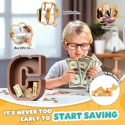 Summidate Wooden Letter Piggy Bank, Extra Thick Large Capacity Piggy Bank for Kids Boys Girls Toddler, Alphabet C Money Bank| Coin Box Birthday, Christmas, Festival