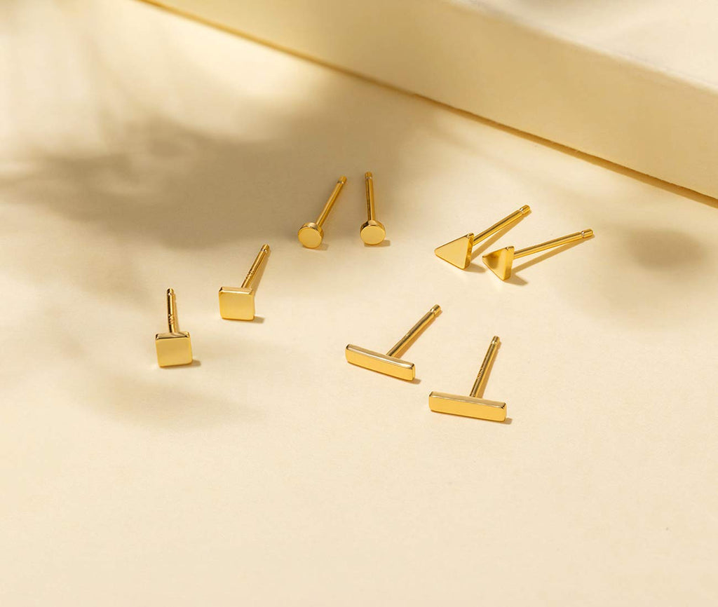 Sterling Silver Stud Earrings for Women Men- 4 Pairs of Hypoallergenic Simple Geometric Small Stud Earring Set Tiny Circle Triangle Square Bar Stud Earrings Mini Cartilage Tragus Earrings(Gold)