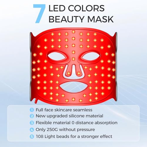 Led Face Mask Light Therapy, Red Light Therapy for Face, 7-1 Colors LED Facial Skin Care Mask, Black