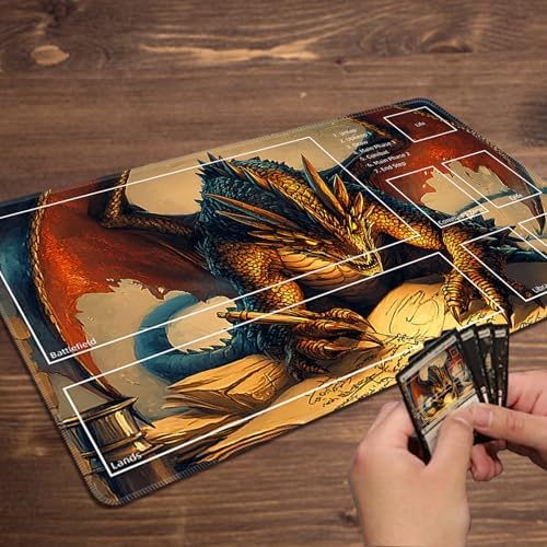 MTG Playmat with Zones Magic Card Playmat Game Mat,TCG & CCG Card Games Mat with Free Storage Bags Size 24 x 14 Inches (with Zones,Dragon)