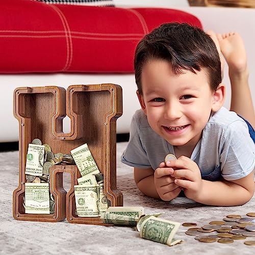 Summidate Large Wooden Piggy Bank for Kids Adults, Alphabets Letter A-Z Piggy Bank for Boys Girls, Coins Bills Change Bank Box Personalized Initial Name Kids Money Bank for Birthday Present and Decor
