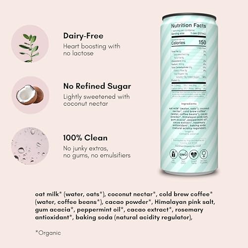 Pop & Bottle Oat Milk Lattes- Cold Brew, Cold Brew Coffee Cans, Canned Coffee, Iced Coffee, Organic, Dairy Free, Gluten Free, Lightly Sweetened with Coconut Nectar- Peppermint Mocha, 8 Fl Oz (12 Pack)