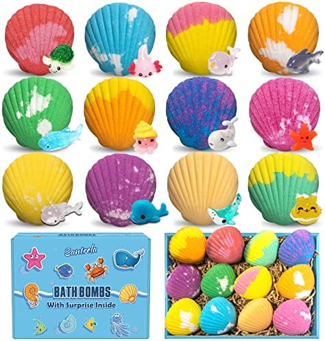 Bath Bombs for Kids with Surprise Toys Inside, 12 Pack Shell Kids Bath Bombs Gift Set for Girls Boys Birthday, Christmas, Halloween, Handmade Organic Bath Fizzy Bomb with Sea Animal for Children