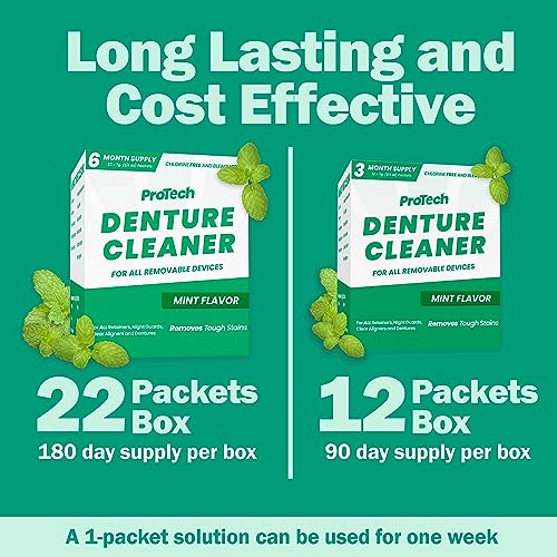Protech Denture Cleaner (180 Days) Denture Cleanser for Retainers, Mouthguards, and Dentures, Nicotine and Coffee Stains Cleaner, Powder, 6-Month Supply