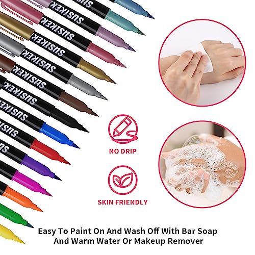 Temporary Tattoo Markers for Skin, 15 Colors Tattoo Pen + 50 Paint Stencils + 43 Tattoos Stickers, Glitter & Matte & Neon Glow Body Marker Set, Removable Fake Tattoos Kit for Teens and Adult