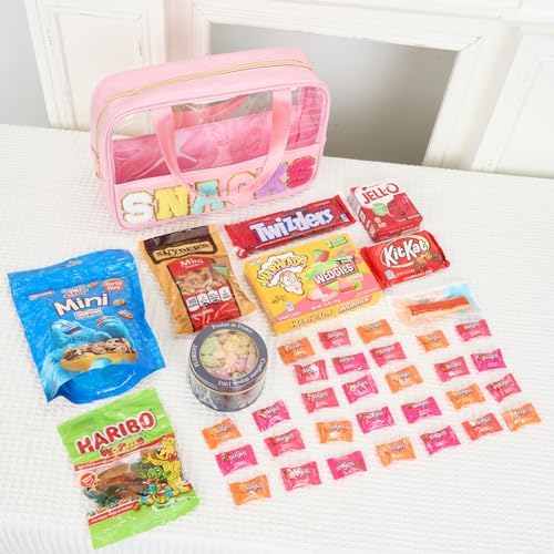 Snack bags, Snack Pouch Chenille Letter Patch Clear Bag, Snack Bag for travel, Preppy Cosmetic Bag Clear Snack pouch with Zipper, Toiletry Bags for Traveling women, Clear Travel Bags for Toiletries