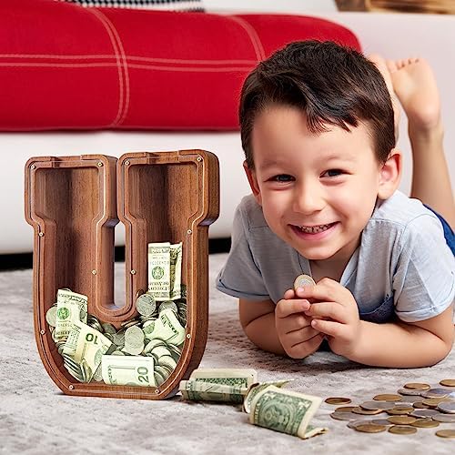 Summidate Customized Name Extra Large Wooden Piggy Bank for Kids Boys Girls Alphabets Letter A-Z Coins Bills Money Change Saving Box Clear Cover (Laser Engraved) Educational Toys 12"- Letter U