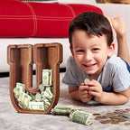 Summidate Customized Name Extra Large Wooden Piggy Bank for Kids Boys Girls Alphabets Letter A-Z Coins Bills Money Change Saving Box Clear Cover (Laser Engraved) Educational Toys 12"- Letter U