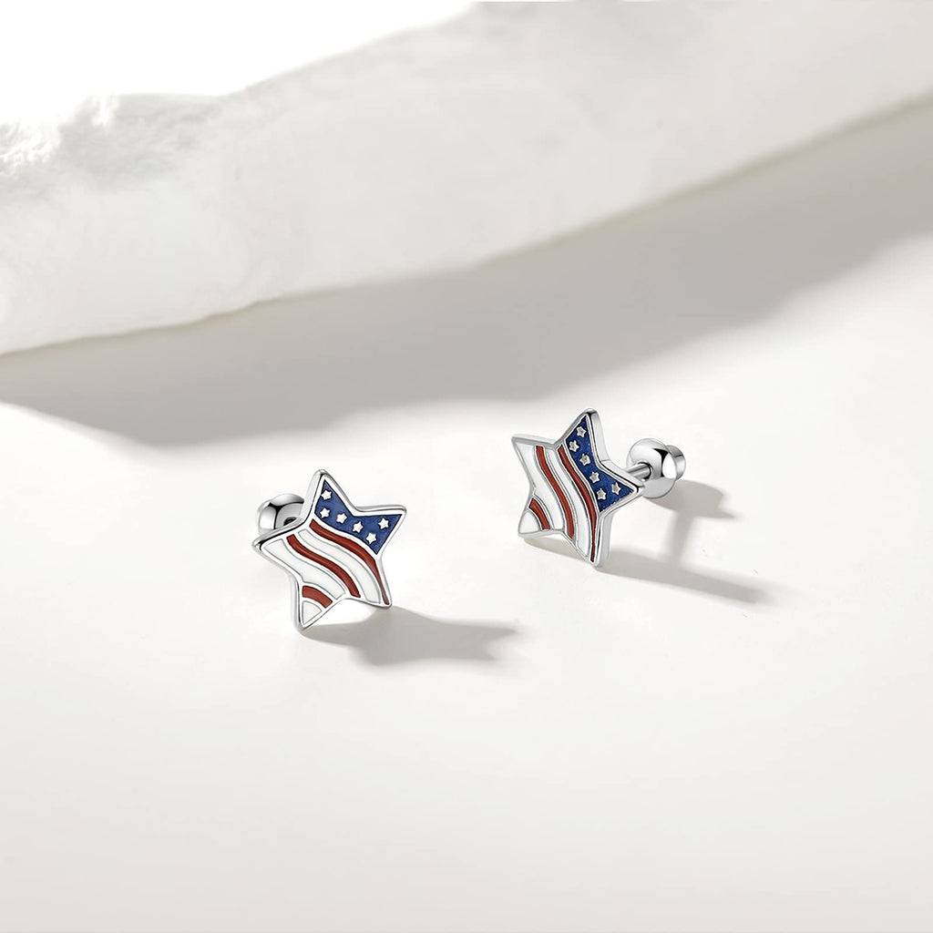 BETTY&SARAH 925 Sterling Silver Star Earrings American Flag Screw Back Earrings, Hypoallergenic Safety Backs for Girls Teens Women 4th of july patriotic Multicolor (BSE217)