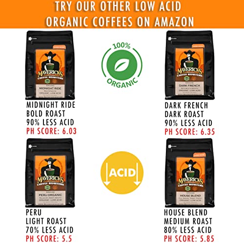 Mavericks Low Acid Coffee - Midnight Ride Blend - Organic and Non-GM0 (Coffee Ground) 16 oz - Bold and Smooth Dark Roast with 90% Less Acid - Safe for GERD and Keto Diets