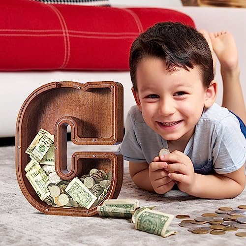 Summidate Customized Name Extra Large Wooden Piggy Bank for Kids Boys Girls Alphabets Letter A-Z Coins Bills Money Change Saving Box Clear Cover (Laser Engraved) Educational Toys 12"- Letter C
