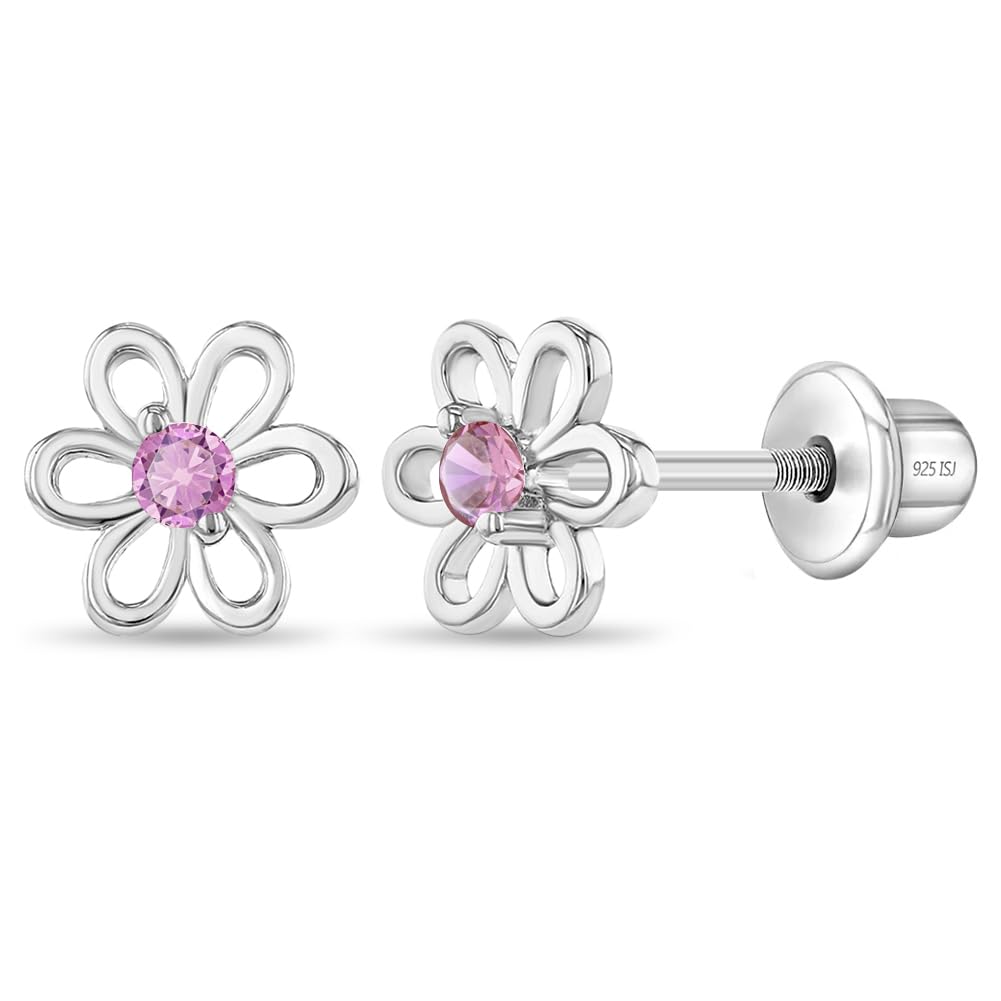 In Season Jewelry CZ Flower Kids Earrings - 925 Sterling Silver (Pink)