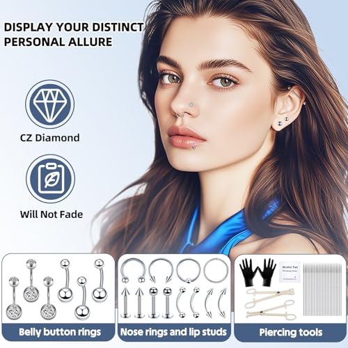 110Pcs Piercing Kit for all Body Piercings with Piercing Tools for Eyebrow Nose Ear Septum Belly Button Lip Tongue Cartilage and More with 12G 14G 16G 20G Piercing Needles