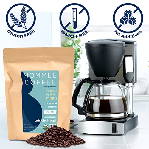 Mommee Coffee - Half Caf | Low Acid, Organic, Fair Trade, Water Processed | Whole Bean, 22 oz.
