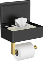 FORIOUS Toilet Paper Holder with Shelf, SUS304 Stainless Steel Wall Mount Toilet Paper Roll Holder, Flushable Wipes Dispenser Fits for Bathroom Wipe Storage, Bathroom Organizer (Black & Gold)