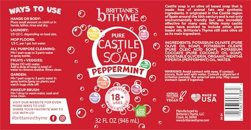 Brittanie's Thyme Pure Castile Liquid Soap Refill (Peppermint, 32 oz Pack of 2) | For Hair & Body, Gentle and Pure, Made with Natural Luxurious Oils, Vegan & Gluten Free Non-GMO