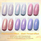 RARJSM Pearl Gel Nail Polish Set Iridescent Shell Glitter Gel Polish 6 Sunset Colors Light Purple Blue Pink Red Gold Shimmer Mermaid Swirl Thread Effect Soak Off LED UV Curing Requires Home Salon