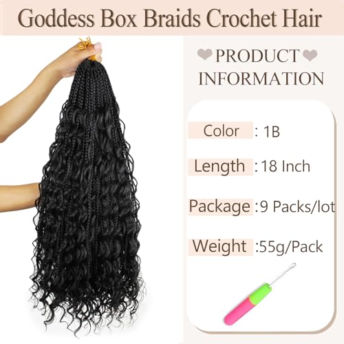 9 Packs Boho Box Braids Crochet Hair 18 Inch Goddess Box Braids Crochet Hair With Curly Ends Synthetic Bohemian Braids Hair Extension For Women (18inch, 1b)