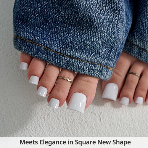 BTArtbox Press On Toenails - Real Square Opaque White Toe Nail Press Ons with Glue for Women, Fake Toe Nail Tips in 15 Sizes - 30 Toenails Kit, Ivory White