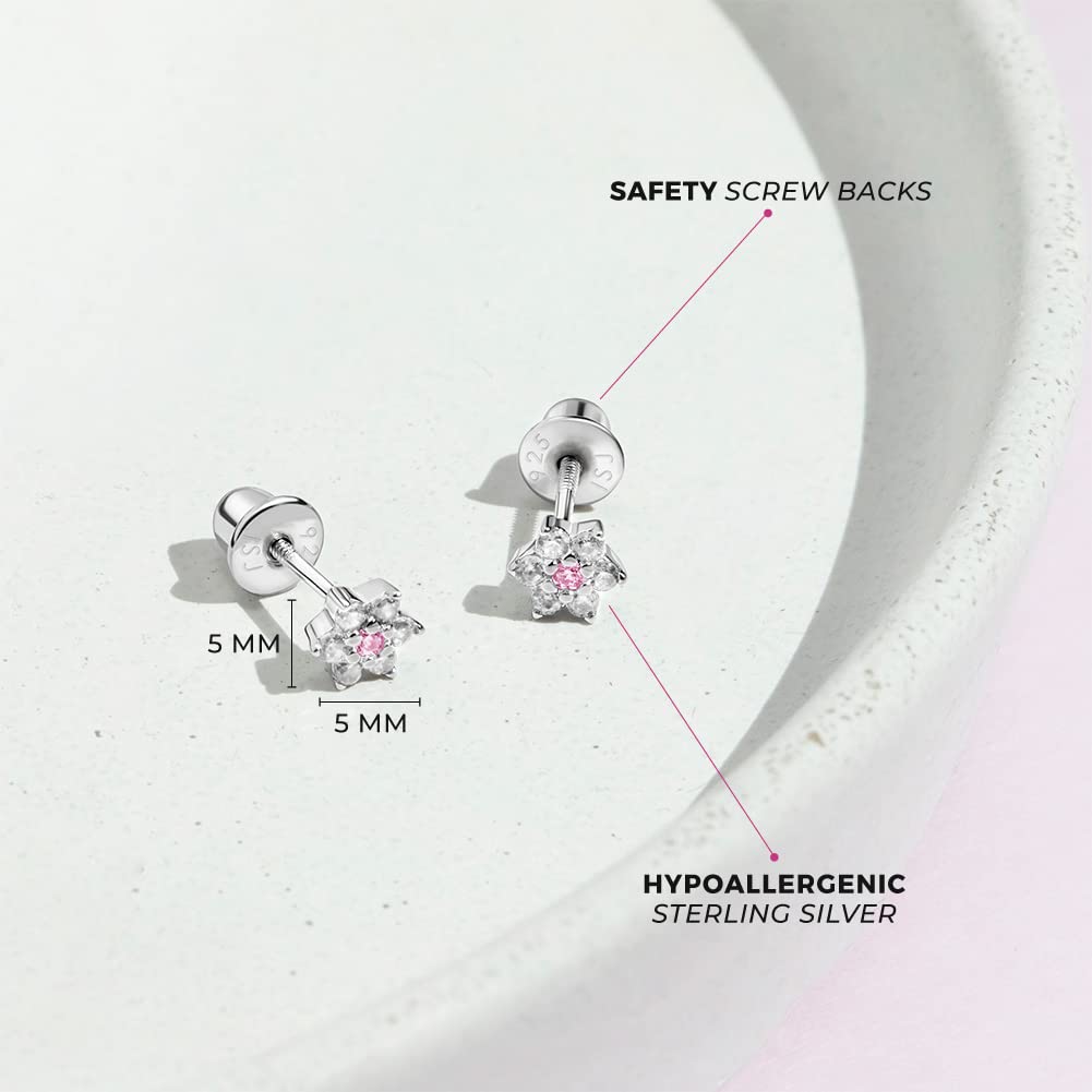 In Season Jewelry CZ Flower Kids Earrings - 925 Sterling Silver Hypoallergenic Earrings for Girls with Secure Screw Backs - Safe & Comfortable for Toddlers, Kids & Little Girls, Clear & Pink
