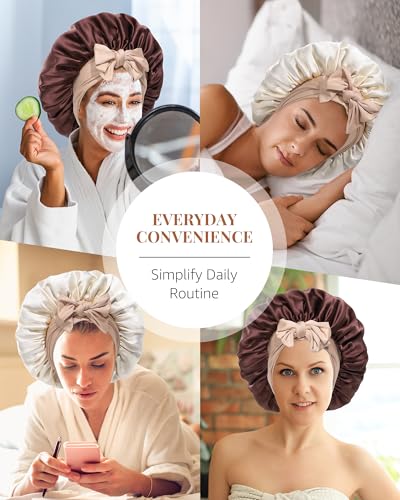 AWAYTR Silk Bonnet for Sleeping Women 100% Mulberry Silk Bonnet with Band 2 Layer Reversible Hair Bonnet Sleeping Hair Wrap (Silk, Dark Brown/Light Champagne)