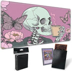 Playmats for Magic: The Gathering MTG Card Game Mat Plus 50 Pcs Card Sleeves, 24 x 14 inch TCG Mat with Stitched Edge for Commander Deck Duskmourn Board Game, Goth Skull Pink
