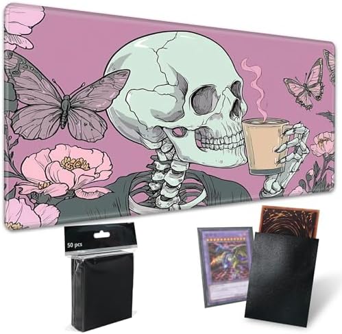 Playmats for Magic: The Gathering MTG Card Game Mat Plus 50 Pcs Card Sleeves, 24 x 14 inch TCG Mat with Stitched Edge for Commander Deck Duskmourn Board Game, Goth Skull Pink