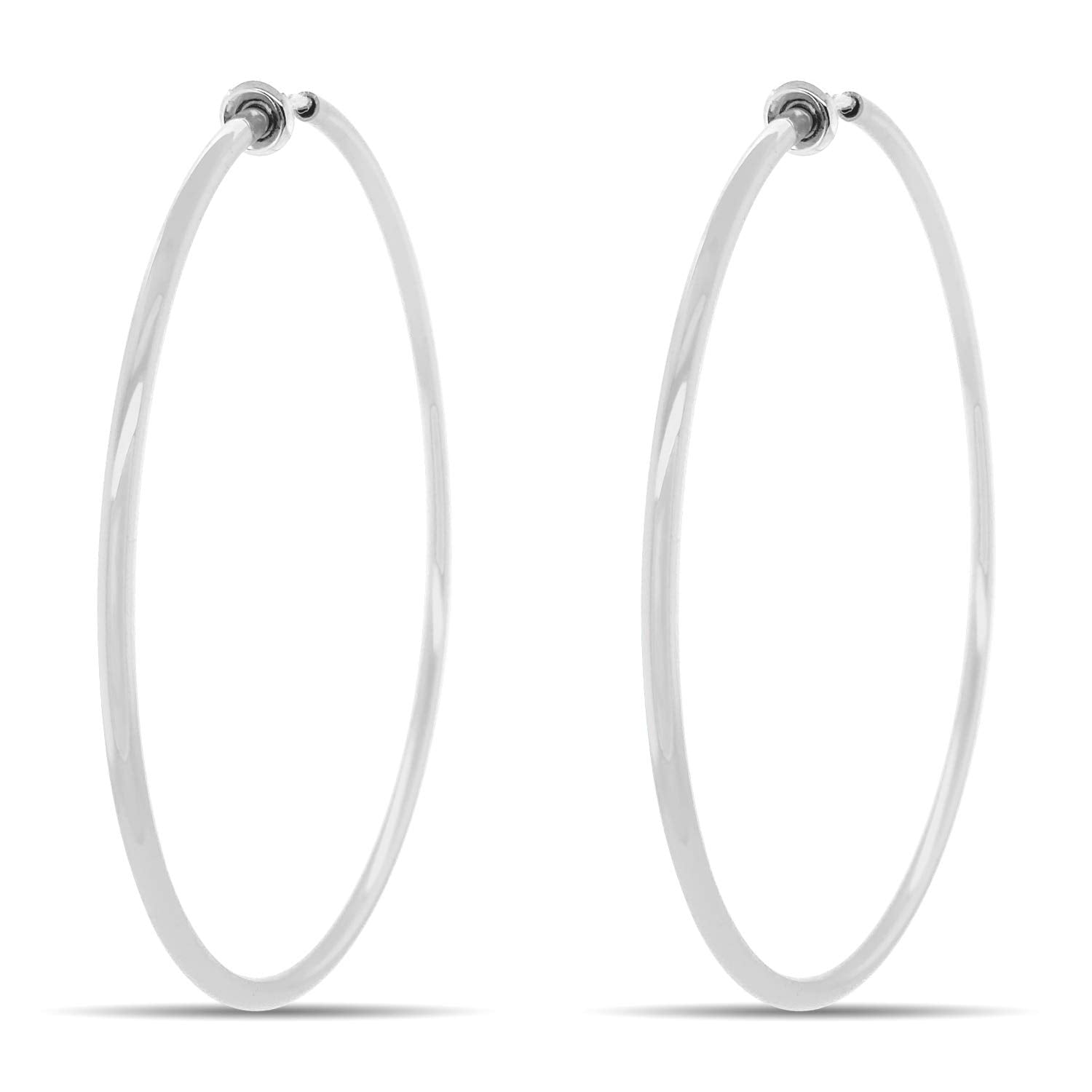 Clip On Spring Hoop Earrings for Non-Pierced Ears (60mm, Bright Silver-Tone)