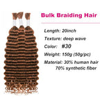 Deep Wave Braiding Hair 150g 20 Inch Bulk Human Hair Mixed Synthetic Curly Braiding Hair for Boho Braids No Weft Wavy Hair Bundles for Braiding (20Inch, #30)