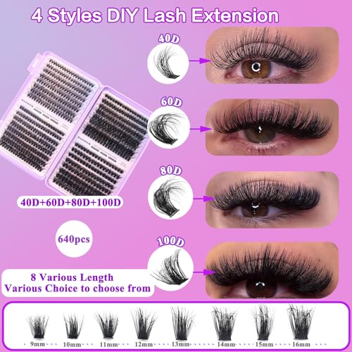 DAODER Fluffy Lash Clusters 40D+60D+80D+100D Mixed Thick Eyelash Cluster 640pcs Wispy Eyelash Extension Custers D Curl Volume Individual Lashes 9-16MM DIY Lash Extension(40D+60D+80D+100D 9-16MM)