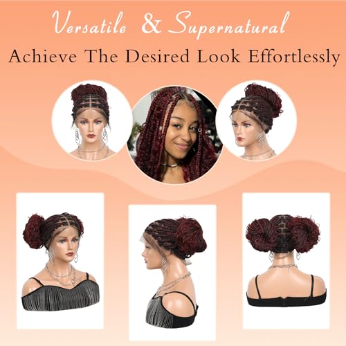 Brinbea 13x8 HD Lace Front Braided Wigs Box Braid Wig with Baby Hair Knotless Boho Braided Wigs for Women Long Burgundy Human Hair Blended Braids Wig 36 Inch