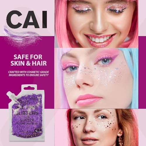 Body Glitter Gel- Face, Body & Hair (2 PK Silver/Violet) Chunky Iridescent Holograph Stars & Moon, 6 oz | Cosmetic-Grade Makeup, Apply Without Glue, Easy to Take Off & Keep Skin Clean - for Raves