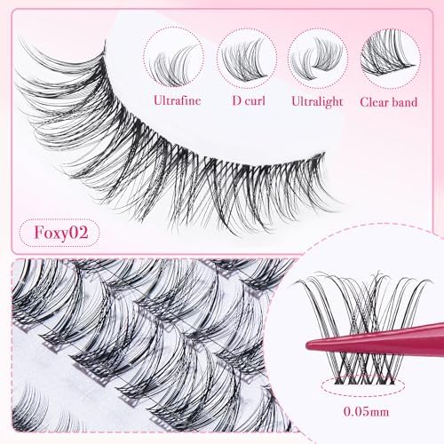 Lash Clusters Kit Wispy Lashes -Lash Clusters Clear Band Eyelash Clusters Natural Look Lash Extension Kit Invisible Band Individual Lashes Clusters 0.07D 8-16MM WideSpan Cluster Eyelash Extension DIY