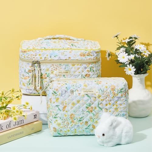 Zeyune 2 Pcs Cotton Quilted Makeup Bag for Women, Large Travel Coquette Cosmetic Bag, Aesthetic Cute Floral Toiletry Skincare Organizer(Yellow Flower)