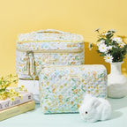 Zeyune 2 Pcs Cotton Quilted Makeup Bag for Women, Large Travel Coquette Cosmetic Bag, Aesthetic Cute Floral Toiletry Skincare Organizer(Yellow Flower)