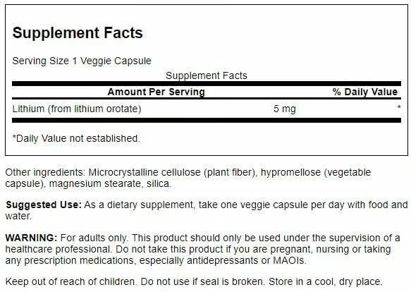 Swanson Lithium Orotate Mood and Memory Support Supplement for Stress-Prone Adults Seeking Emotional Wellness - 5 mg Elemental Lithium (60 Veggie Capsules, 4 Pack)
